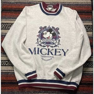 Vintage 90s Disney Mickey Mouse Varsity Crewneck Sweatshirt, Gray, Sz L